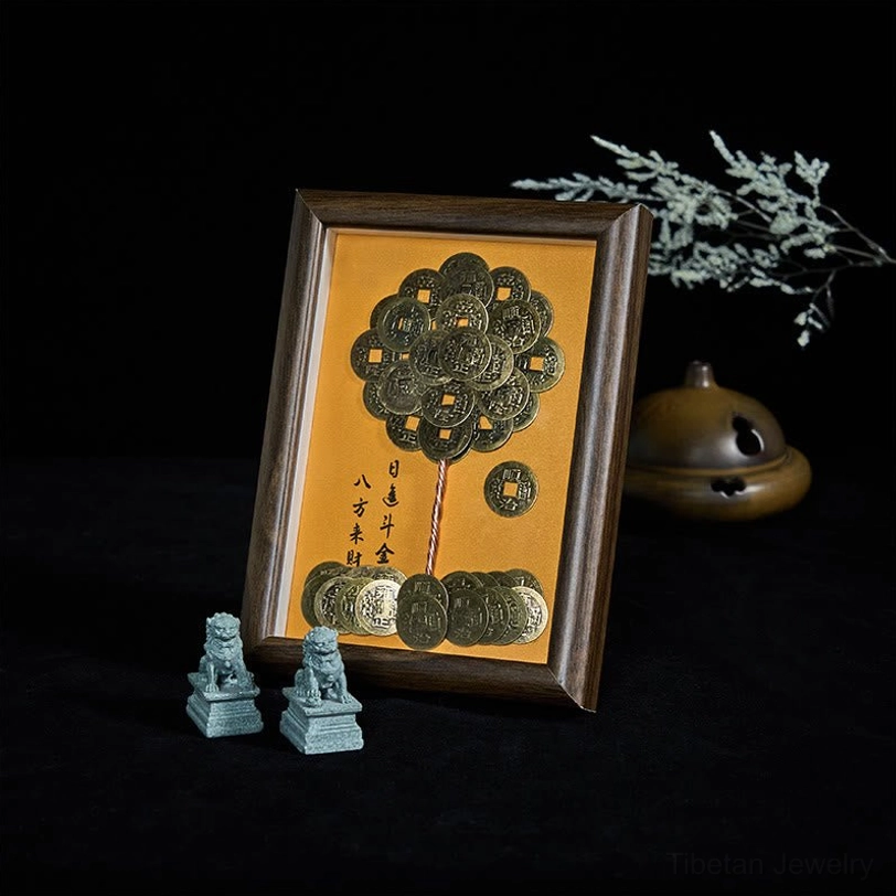 Five-Emperor Coins Tree Photo Frame side view displaying orange backing with embossed Chinese calligraphy and coin tree design