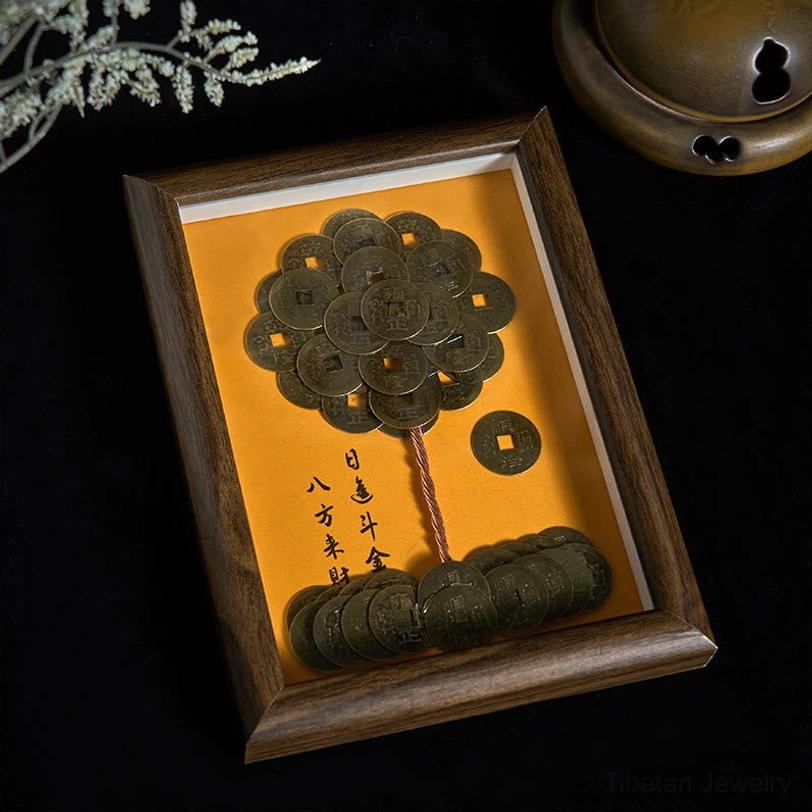 Five-Emperor Coins Tree Frame tilted display showing protective coin arrangement and traditional wood frame construction