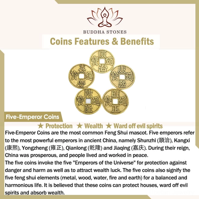 Five-Emperor Coins informational card displaying Qing Dynasty emperors Shunzhi Kangxi Yongzheng Qianlong Jiaqing with Feng Shui meanings