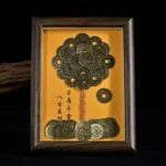 Five-Emperor Coins Tree Photo Frame front view - Feng Shui home décor ornament with bronze coins and calligraphy