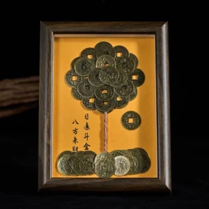 Five-Emperor Coins Tree Photo Frame front view - Feng Shui home décor ornament with bronze coins and calligraphy