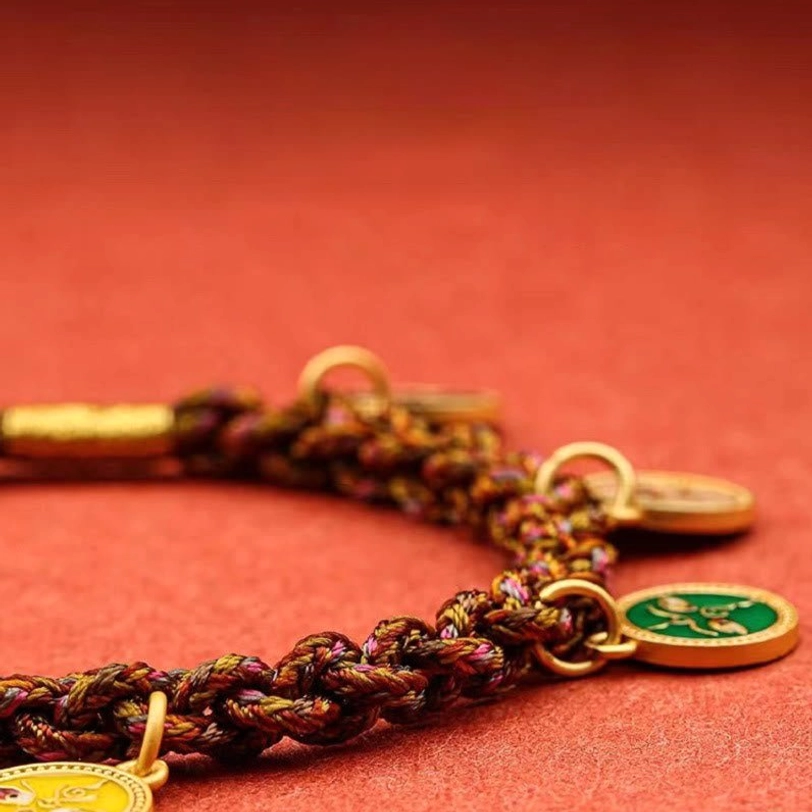 Five God of Wealth Tibetan bracelet with 14K gold-plated charms and premium woven cord