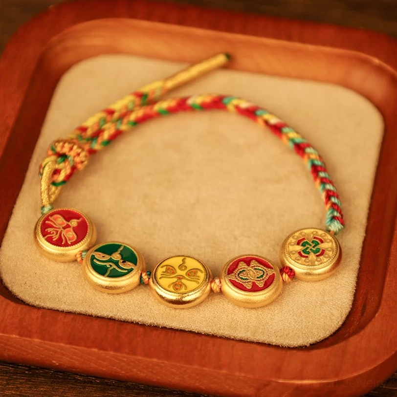 Tibetan five gods of wealth bracelet multicolor braided rope design with adjustable closure options and authentic Buddhist symbolism