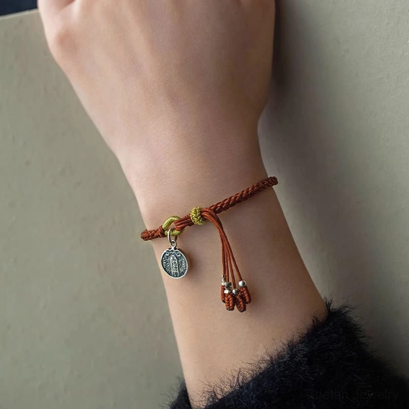 Five directions gods of wealth lucky charm bracelet with sterling silver pendant and braided red cord for spiritual protection