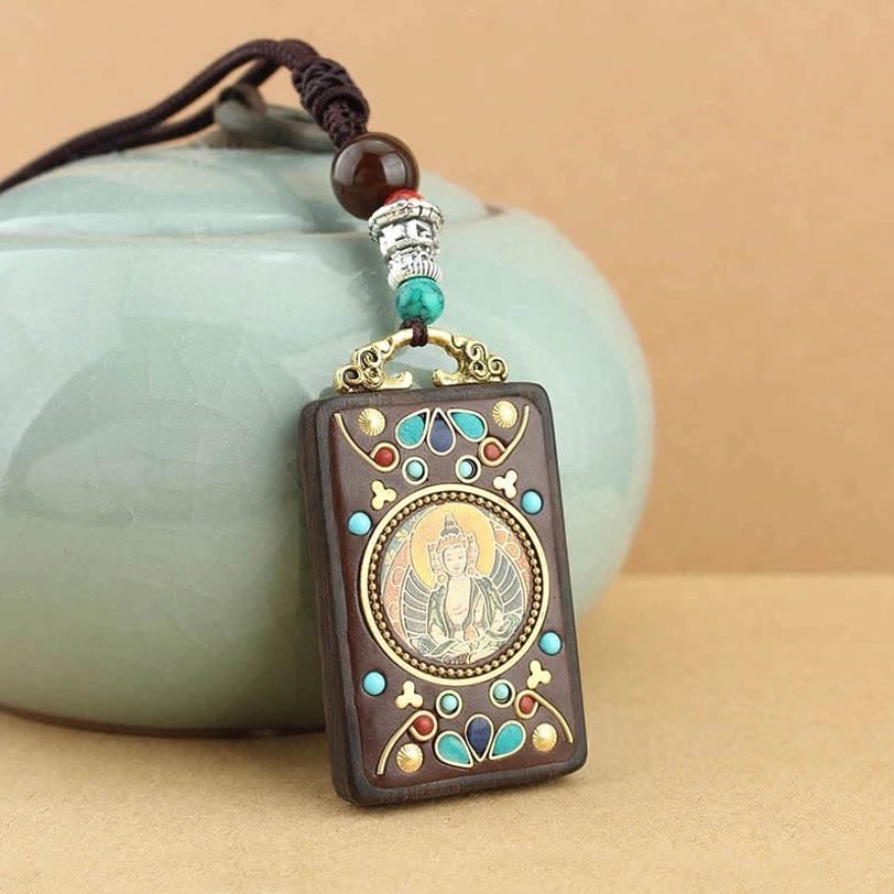Tibetan Five Gods of Wealth thangka ebony pendant with braided cord and decorative wooden beads