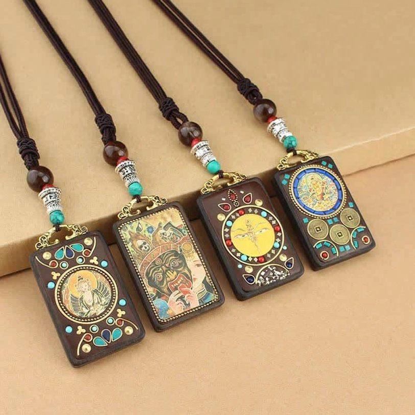 Tibetan Five Gods of Wealth thangka pendant necklace complete with adjustable cord and protective spiritual energy