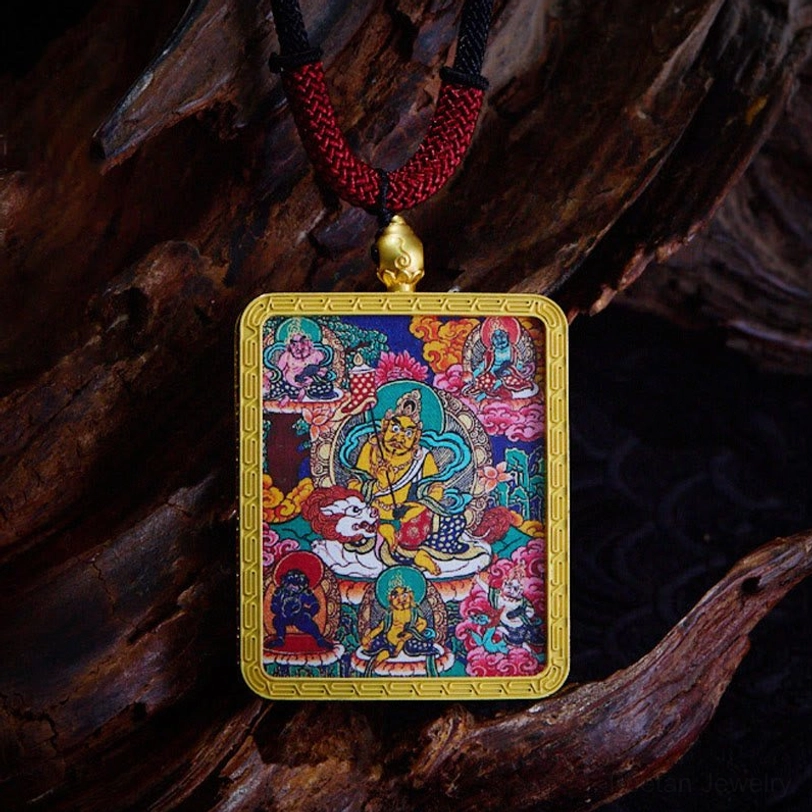 Five-Way God of Wealth tibetan thangka pendant amulet featuring multi-directional prosperity deity imagery