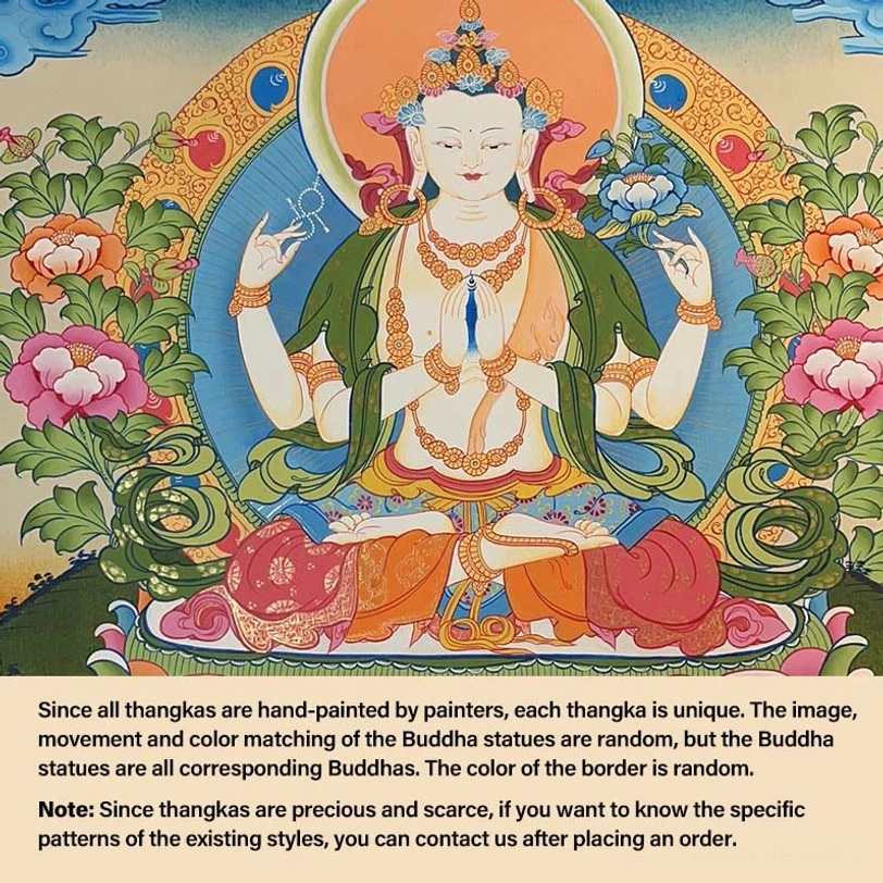 Four-armed Avalokitesvara thangka - Bodhisattva depicting compassion with traditional Buddhist imagery