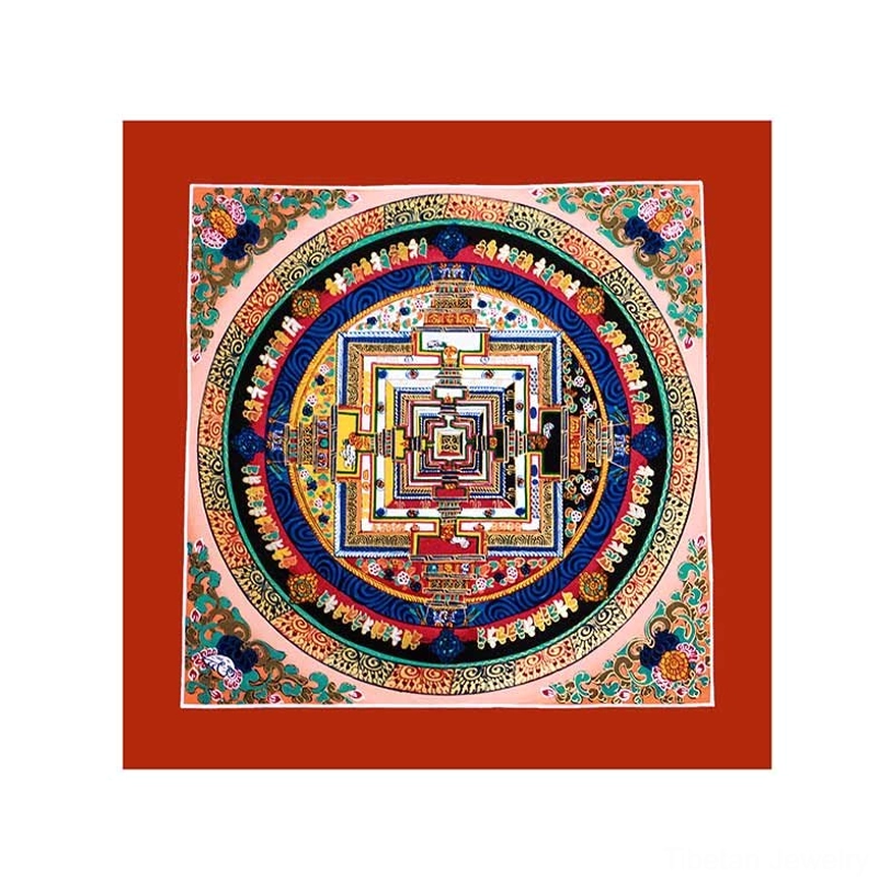 Framed Tibetan mandala thangka with light pink background, red outer frame, and complete symmetrical mandala design