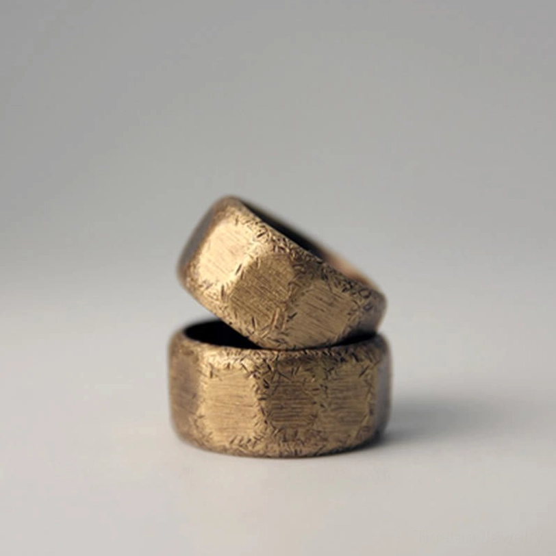 Copper prosperity ring with frosted finish - showing open cuff adjustable mechanism for universal sizing