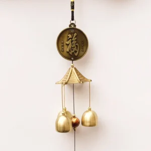 Single Blessing Letter Fu character wind chime with bronze medallion and brass bells