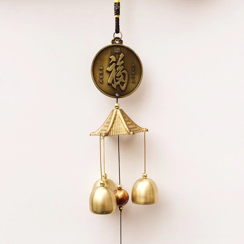 Single Blessing Letter Fu character wind chime with bronze medallion and brass bells