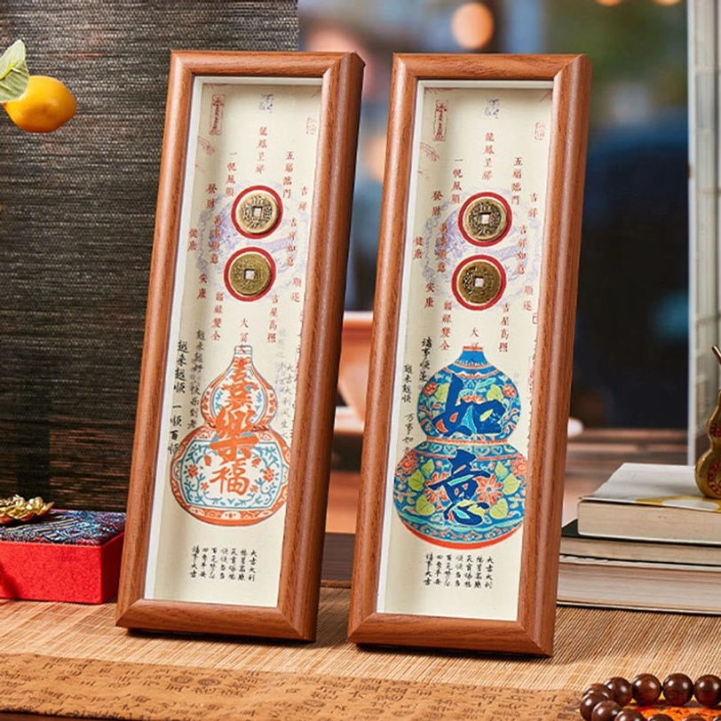 Two paired fu gourd photo frames with matching wooden design copper coin accents display