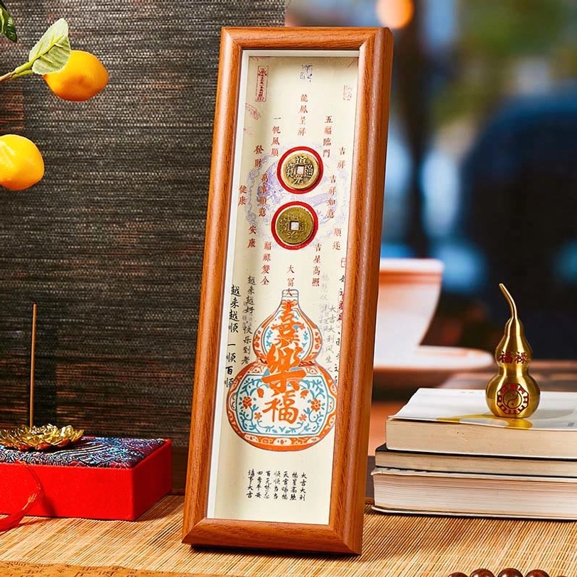 Fu character gourd copper coins photo frame desktop ornament brown wood style 1 front view