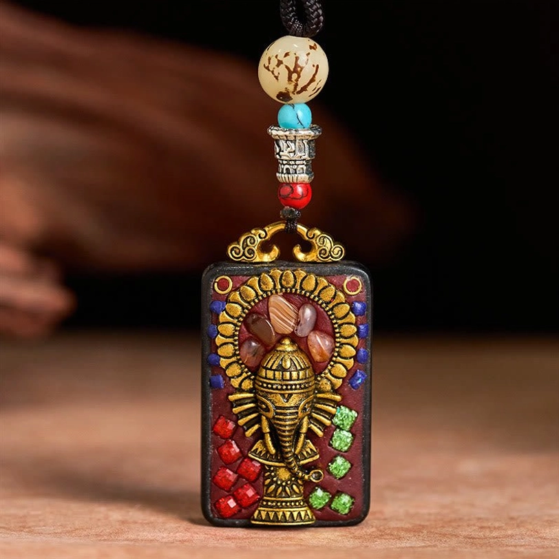 Ganesha prosperity and wisdom ebony wood pendant on adjustable rope necklace