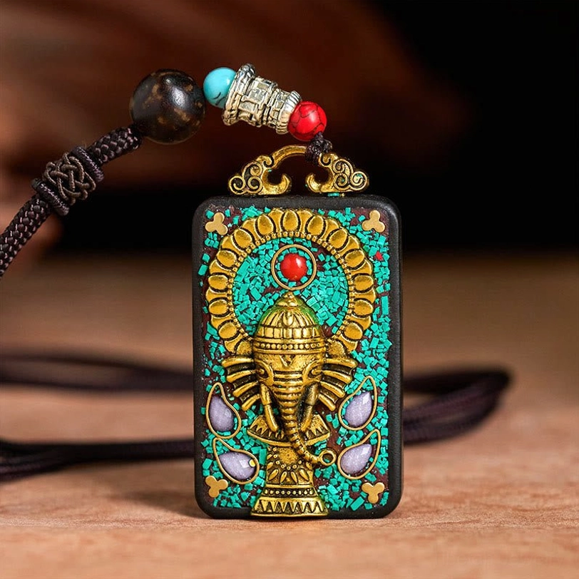 Ganesha Tibetan protective pendant on black braided rope necklace with beaded accents