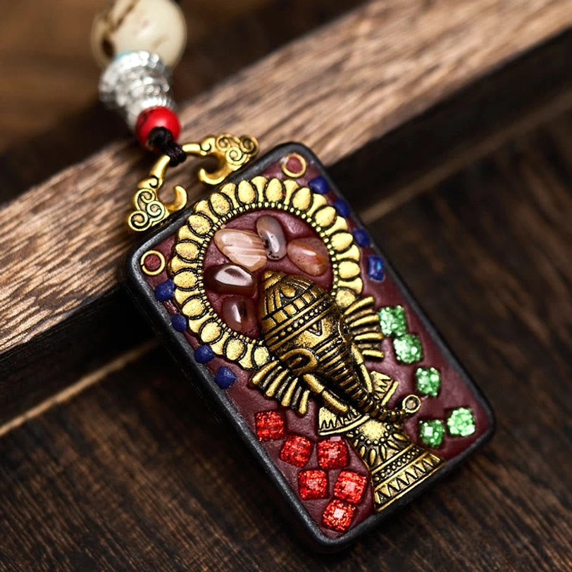 Ganesha Tibetan amulet pendant C style with braided rope necklace styling