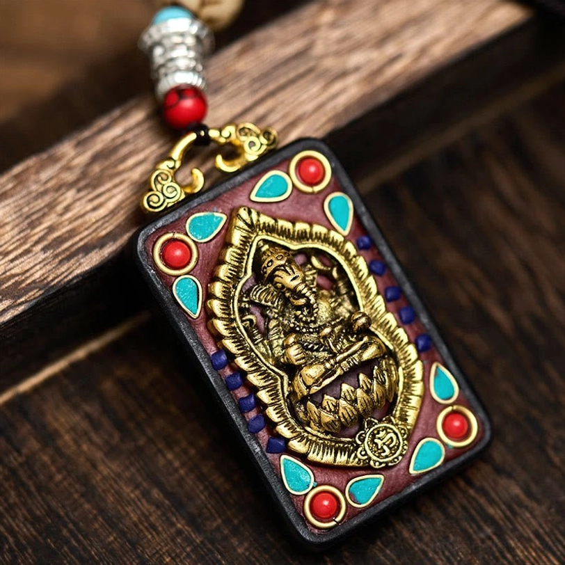 Ganesha Tibetan necklace D style ebony wood pendant with rope attachment