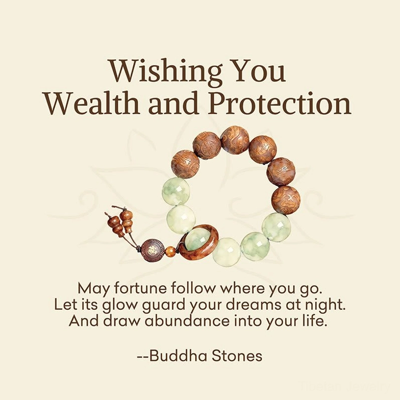 Prosperity gift message card for pixiu fu wealth bracelet on light beige background with blessing wishes and bracelet design preview