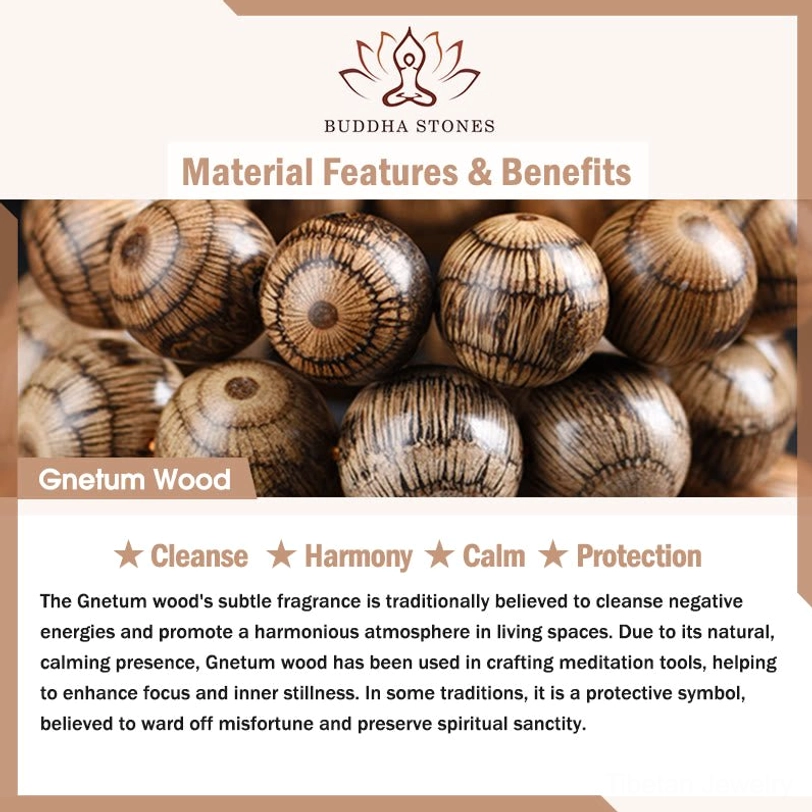 Gnetum wood beads with protective benefits information display showing brown radial grain beads and wellness properties