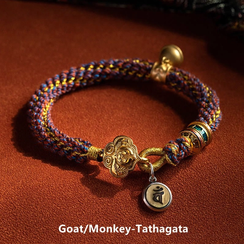 Goat and monkey zodiac Tathagata Buddha bracelet in three wrist sizes with braided red string