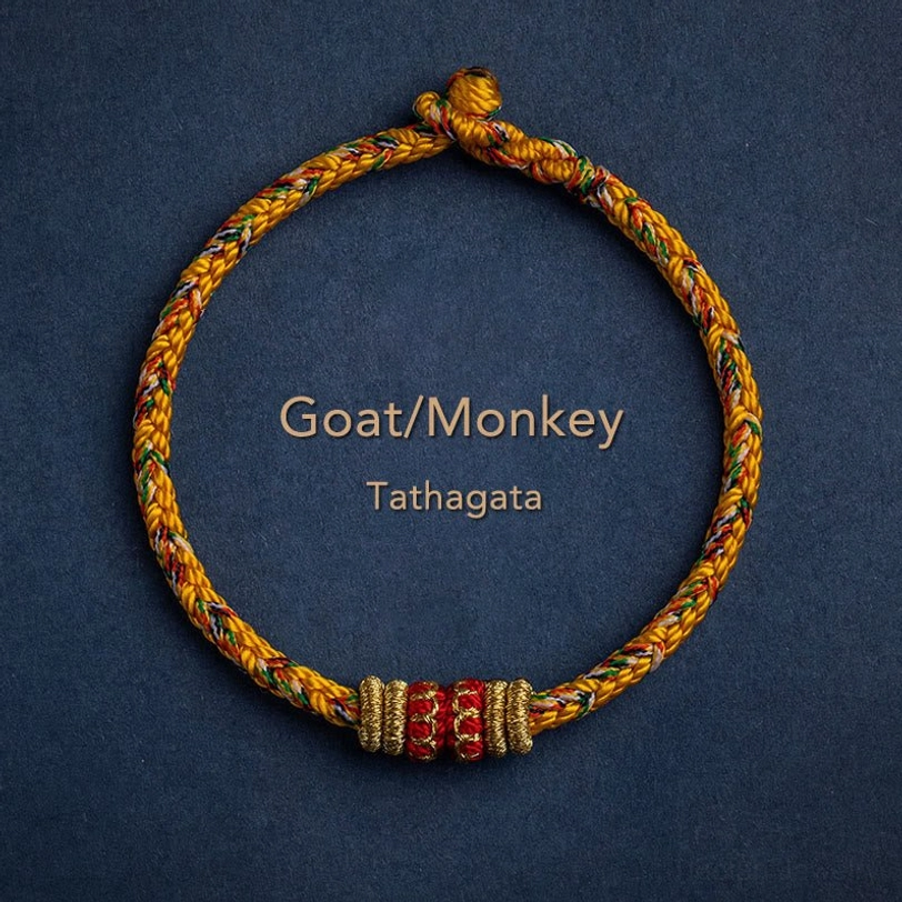 Goat and Monkey zodiac Tathagata Buddha natal bracelet with woven cord details