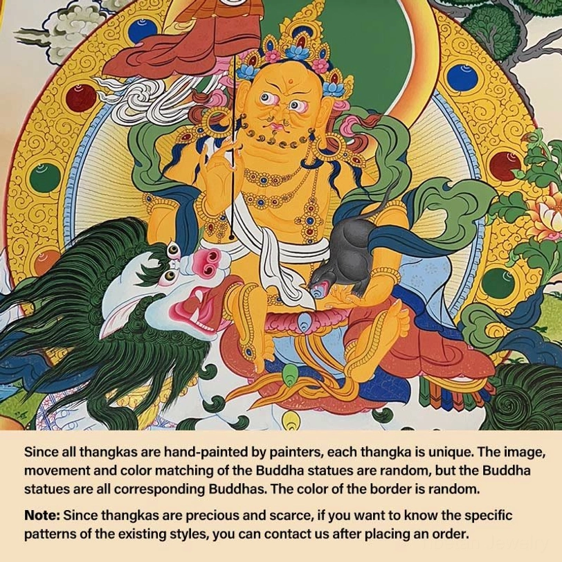 God of Wealth thangka - deity riding snow lion holding treasure vessel with gilded religious halo