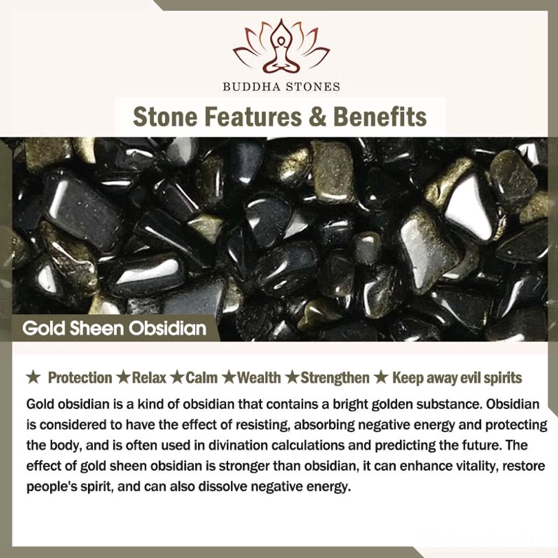 Gold sheen obsidian protective properties card with raw stone samples