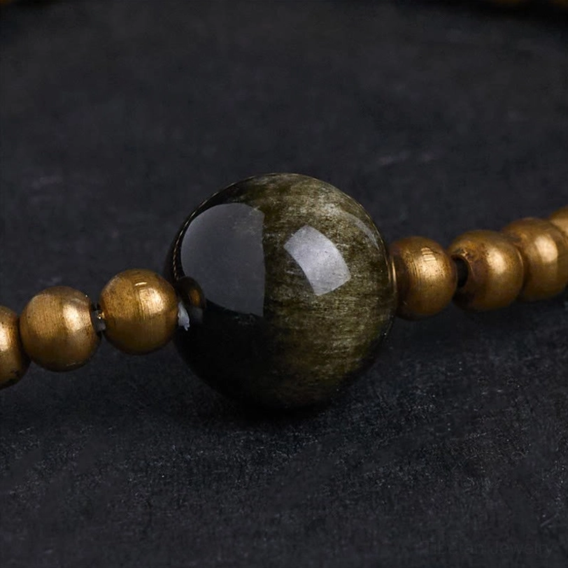 Gold sheen obsidian focal stone with brass spacer beads glossy protection crystal