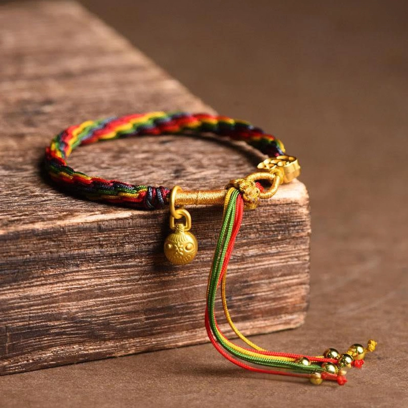 Tibetan gold swallowing beast baby luck bracelet multicolor braided cord with single gold bead pendant tassel