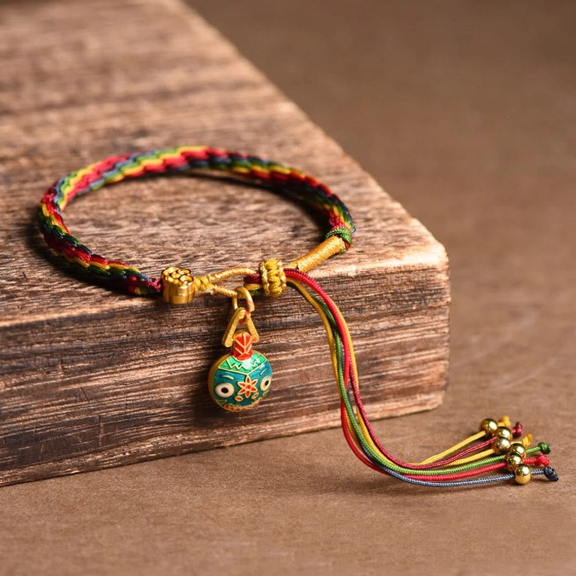 Tibetan gold swallowing beast dad luck bracelet multicolor braided string enamel pendant financial resource wealth symbol