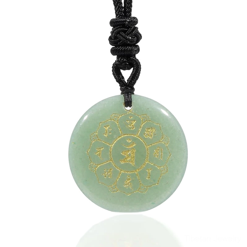 Green aventurine prosperity stone Om Mani Padme Hum pendant worn as daily spiritual jewelry
