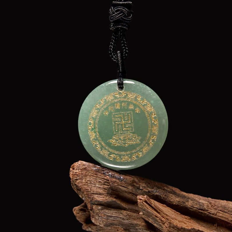 Green aventurine Buddhist pendant necklace with golden swastika lotus engravings