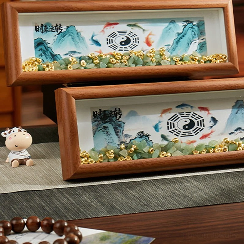 Green crystal feng shui photo frame ornament featuring Bagua balance symbols and Yin Yang koi fish design