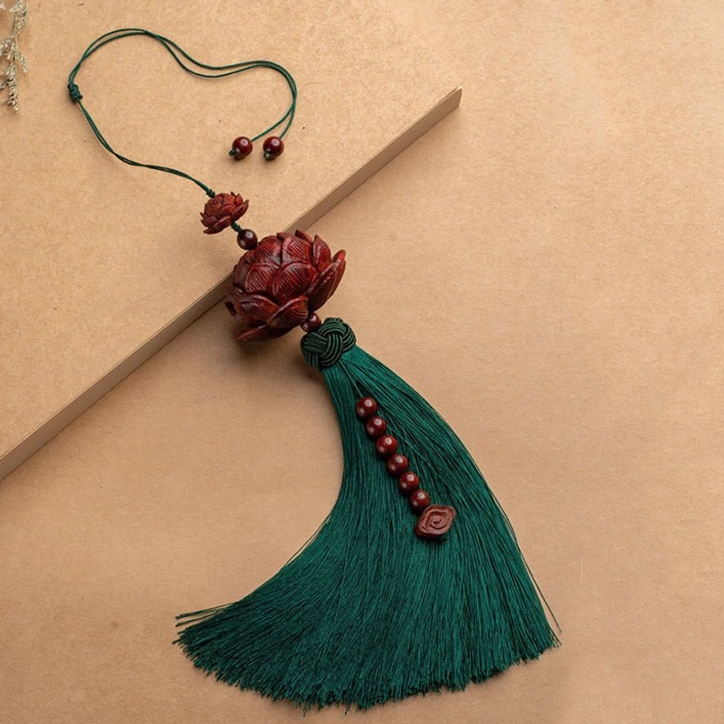 Green Tibetan sandalwood lotus tassel hanging decoration for car interior with adjustable cord design