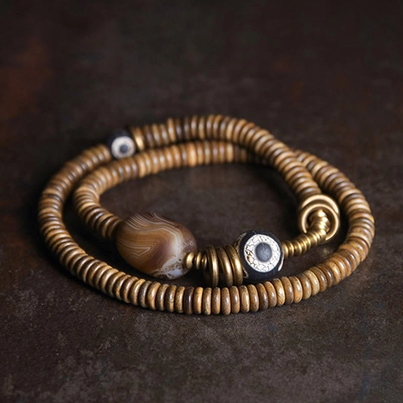 Green sandalwood Dzi bead protection bracelet with brass accents - multiple size options