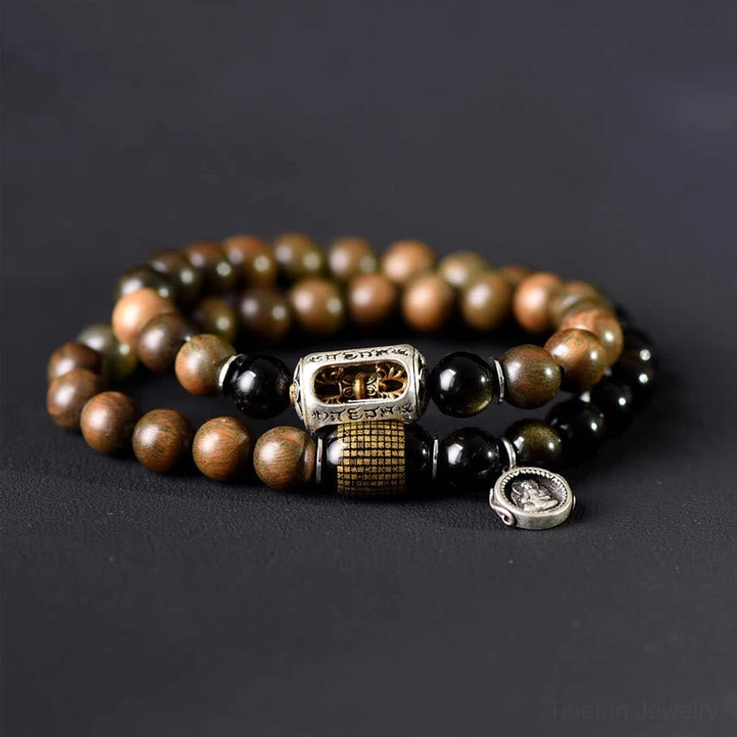 Double wrap green sandalwood obsidian bracelet close-up showing bead arrangement