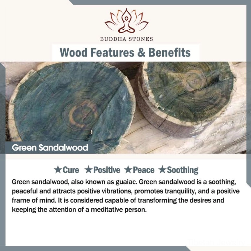 Green sandalwood soothing peaceful positive vibrations Tibetan bracelet information graphic
