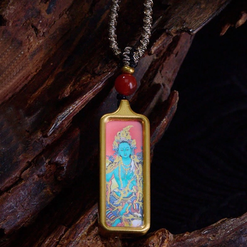 Green Tara Bodhisattva compassion goddess Tibetan hand-painted thangka pendant necklace with gold frame and protective red agate bead