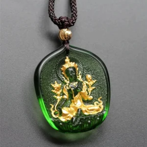 Green Tara Buddha gold-plated Liuli crystal pendant necklace with braided rope and gold bead detail