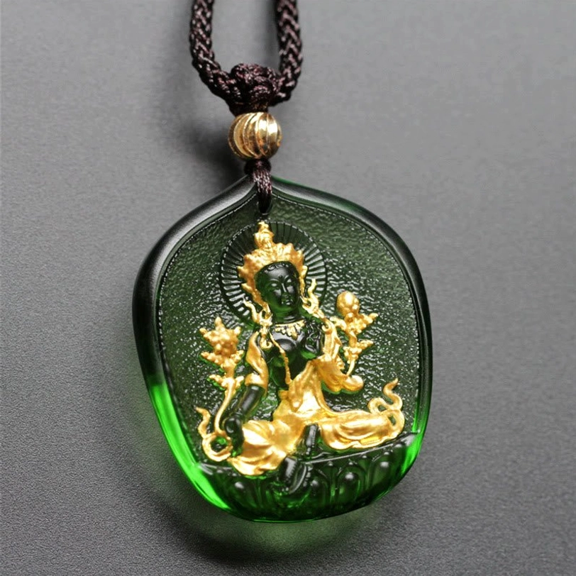 Green Tara Buddha gold-plated Liuli crystal pendant necklace with braided rope and gold bead detail