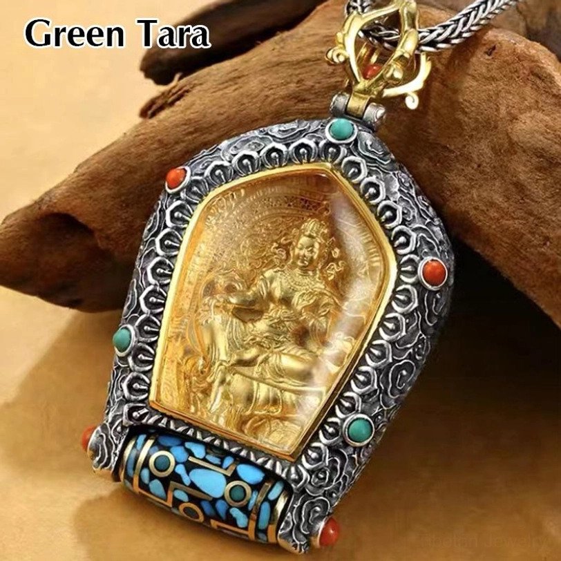 Green Tara Buddha pendant zodiac natal guardian Tibetan handcrafted silver