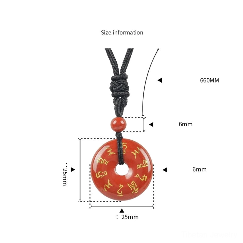 Green Tara mantra necklace pendant size specification chart showing 25mm donut diameter, 6mm thickness and 66cm necklace length measurements