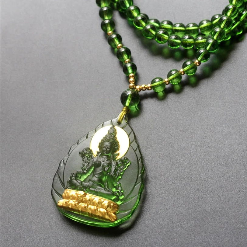 Green Tara Liuli pendant necklace with multi-strand beaded chain, gold spacers and Buddha base