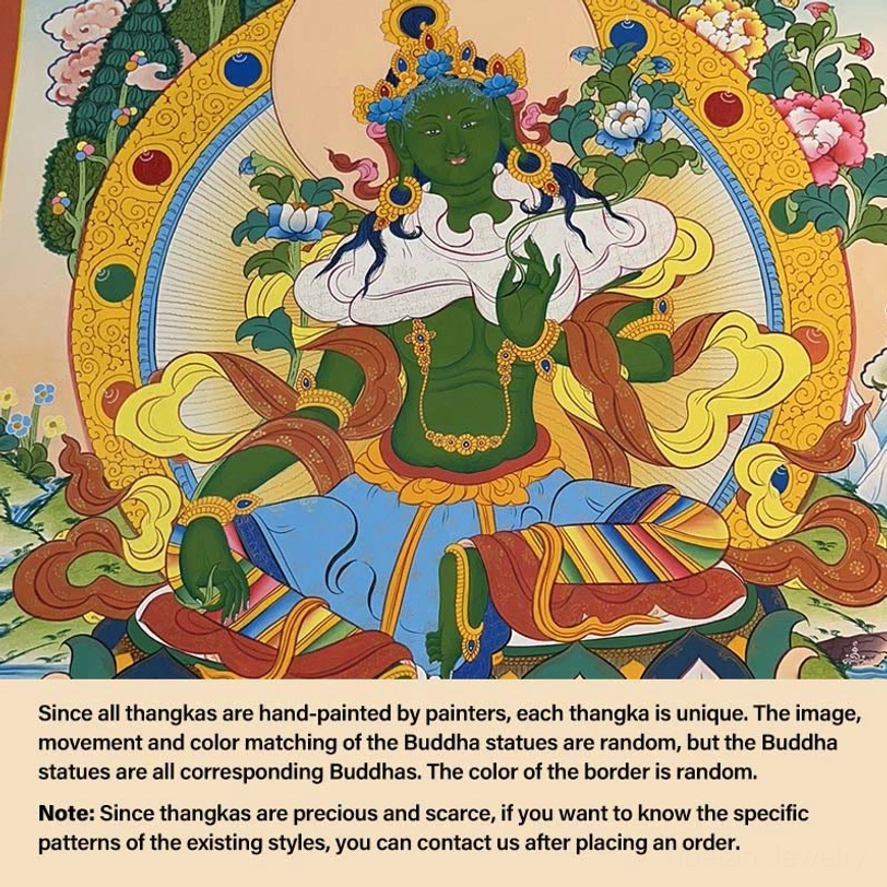 Green Tara thangka - compassion Bodhisattva with ritual jewelry and lotus seat on floral background