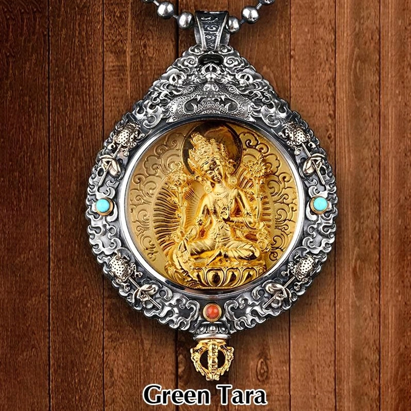Green Tara Tibetan Buddhist pendant spiritual healing and enlightenment symbolism detail