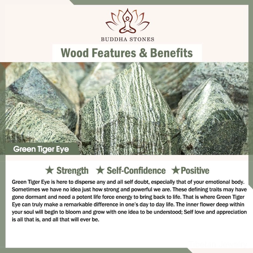 Green tiger eye raw stone with educational content about self-confidence strength and positive energy healing benefits
