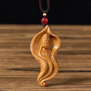 Guanyin Avalokiteshvara wooden pendant necklace front view - hand-carved leaf-shaped design with intricate Guanyin statue carving