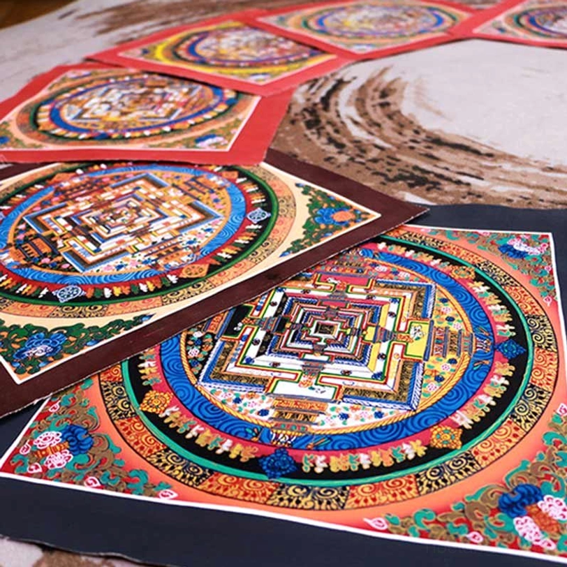 Tibetan mandala thangka hand-painted with bold colors and traditional Buddhist symbolism