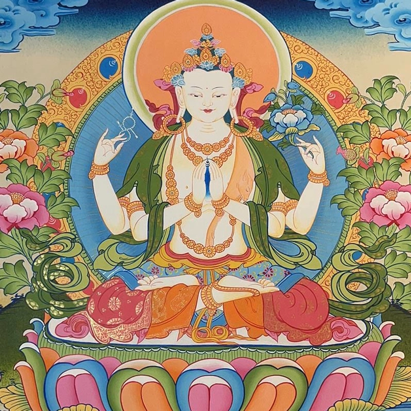 Hand-painted thangka scroll featuring traditional Tibetan Buddhist deity with rich pigmentation
